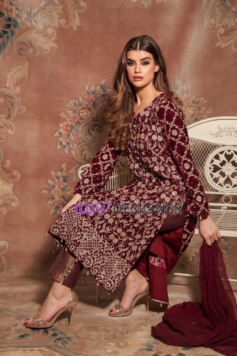Velvet Embroidered Dress with pearls detailing by Simrans