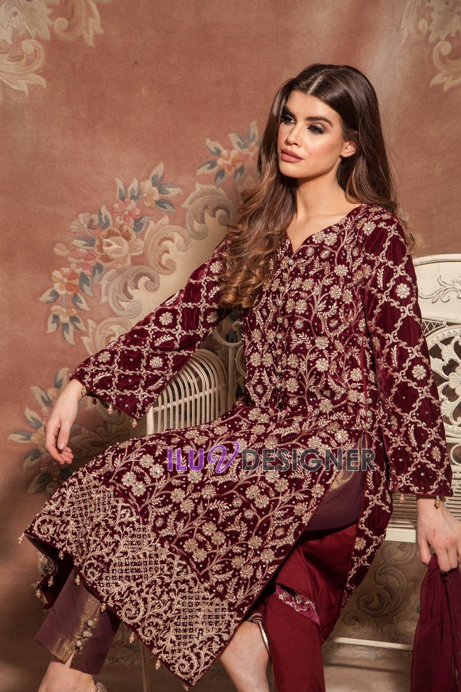 Velvet Embroidered Dress with pearls detailing by Simrans