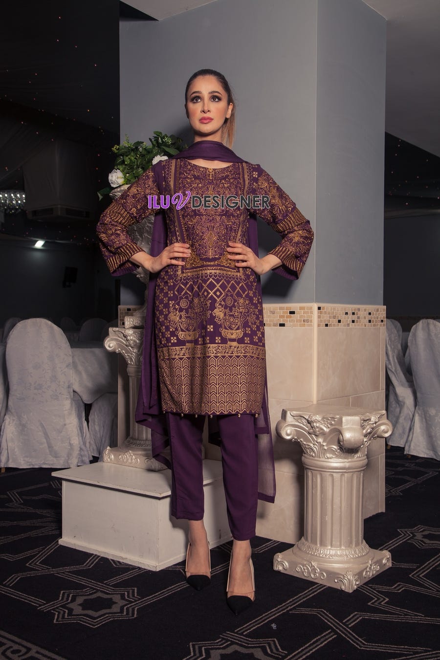3 Piece Ready to wear stone linen dress by Sakeena Hasan
