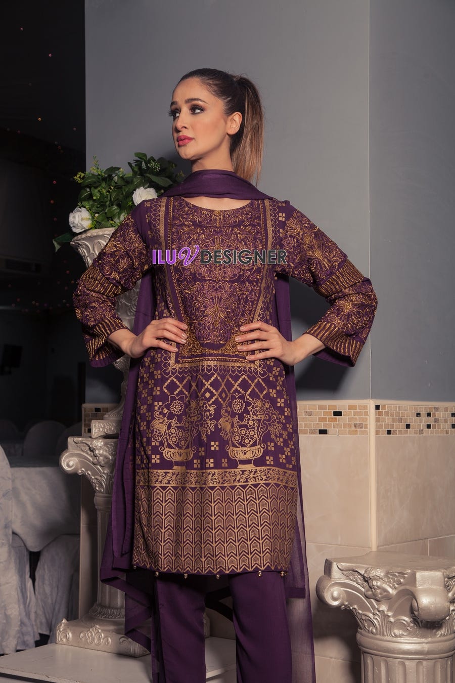 3 Piece Ready to wear stone linen dress by Sakeena Hasan