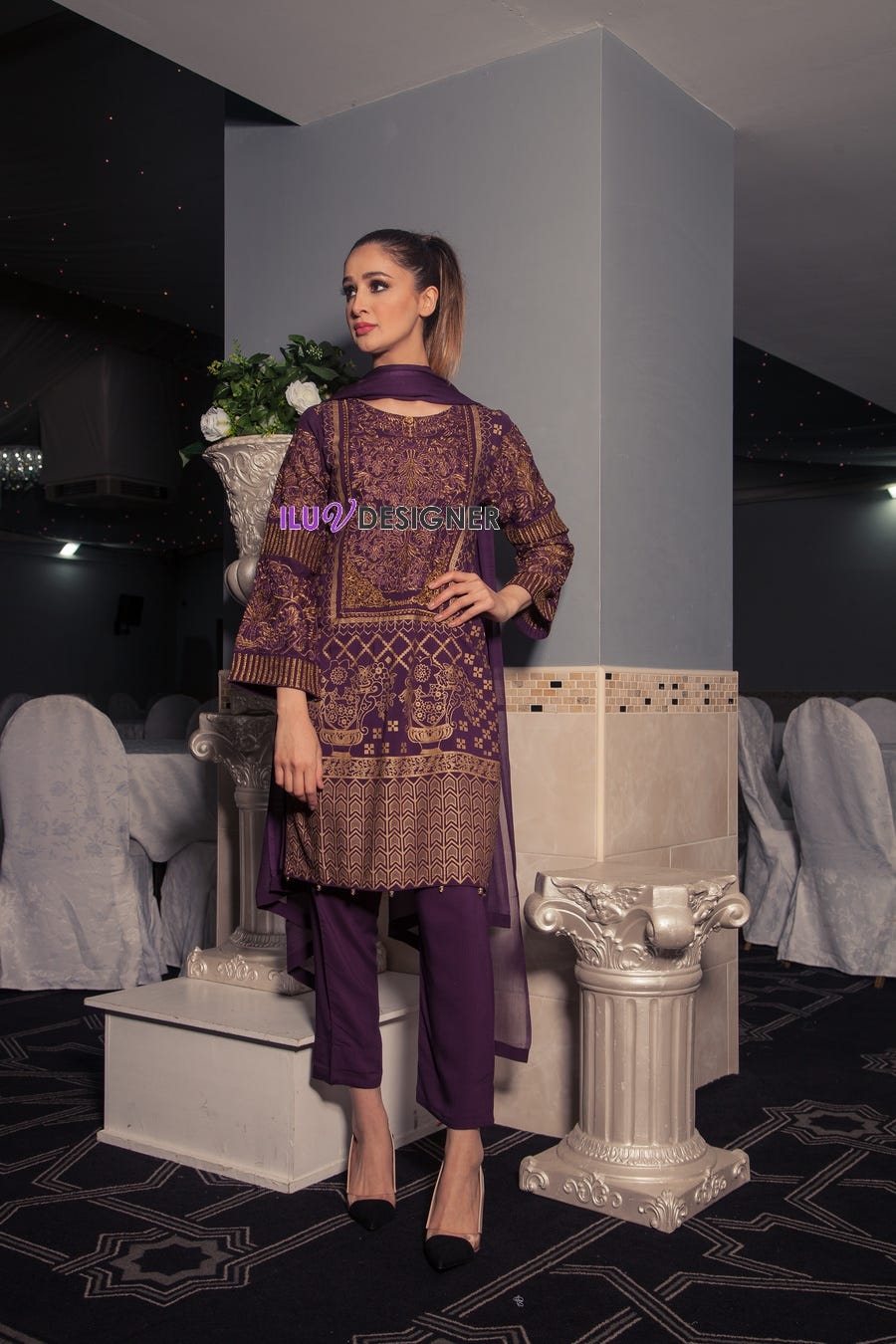 3 Piece Ready to wear stone linen dress by Sakeena Hasan