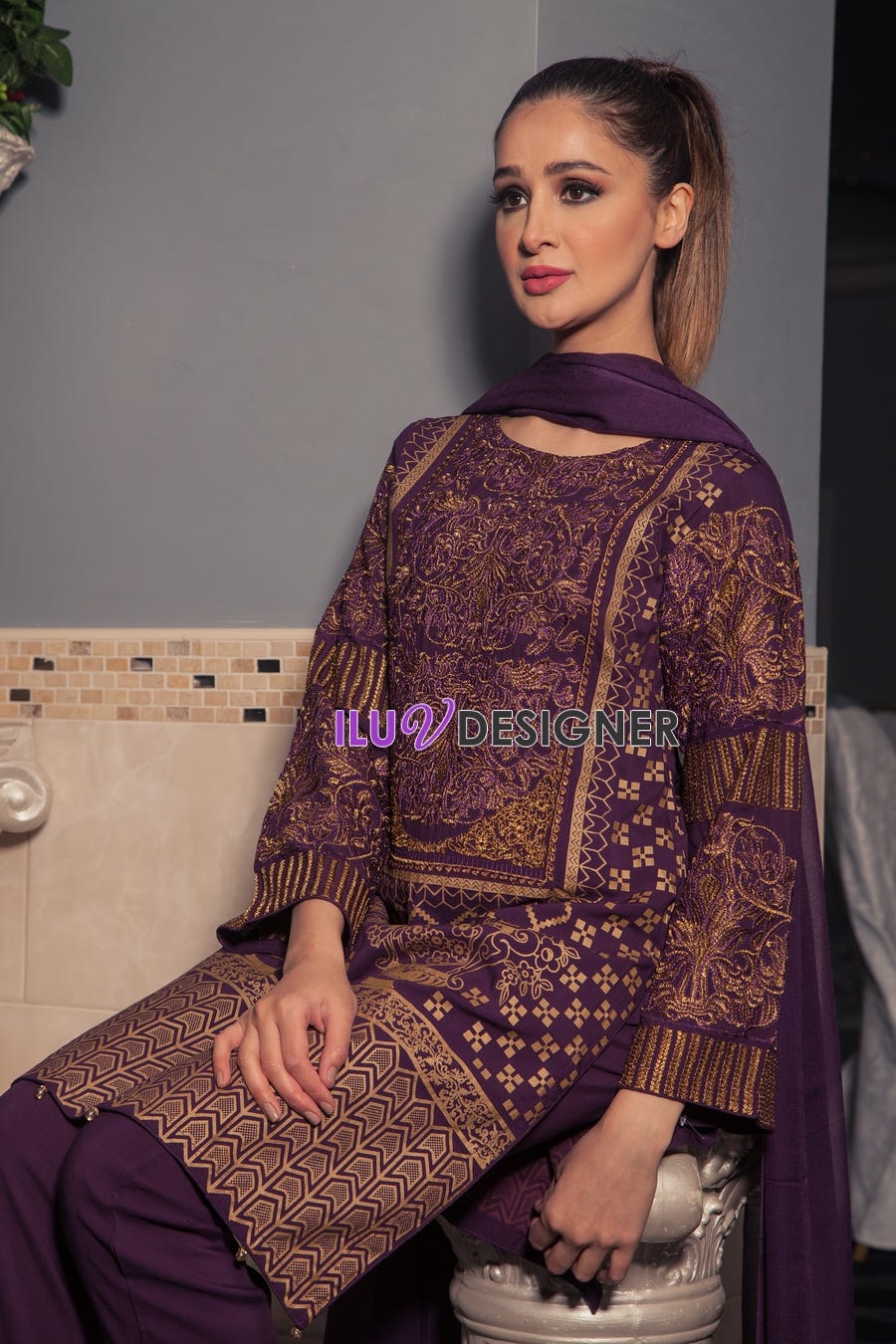 3 Piece Ready to wear stone linen dress by Sakeena Hasan