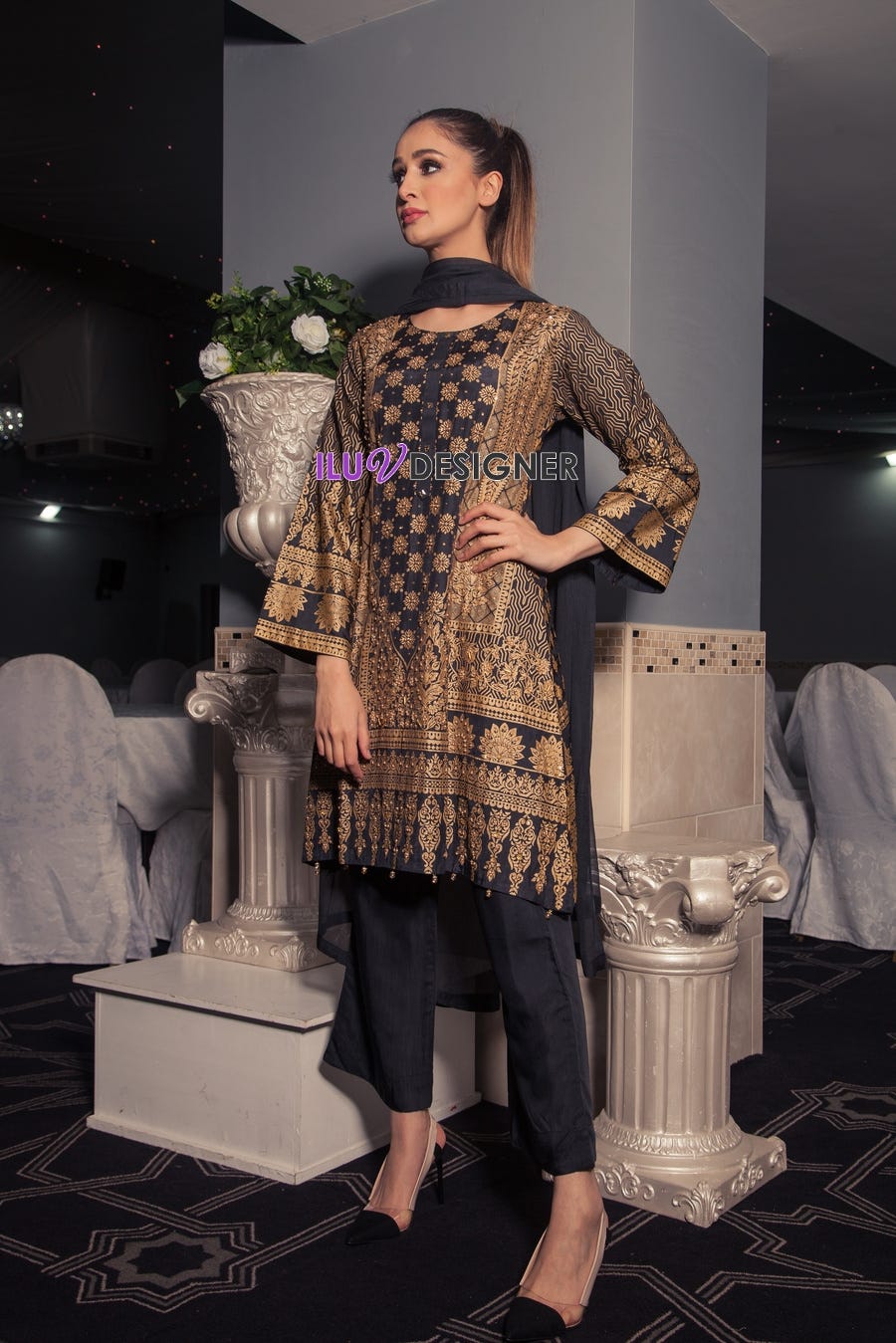 Ready to Wear Linen block printed Handworked Winter dress by Sakeena Hasan