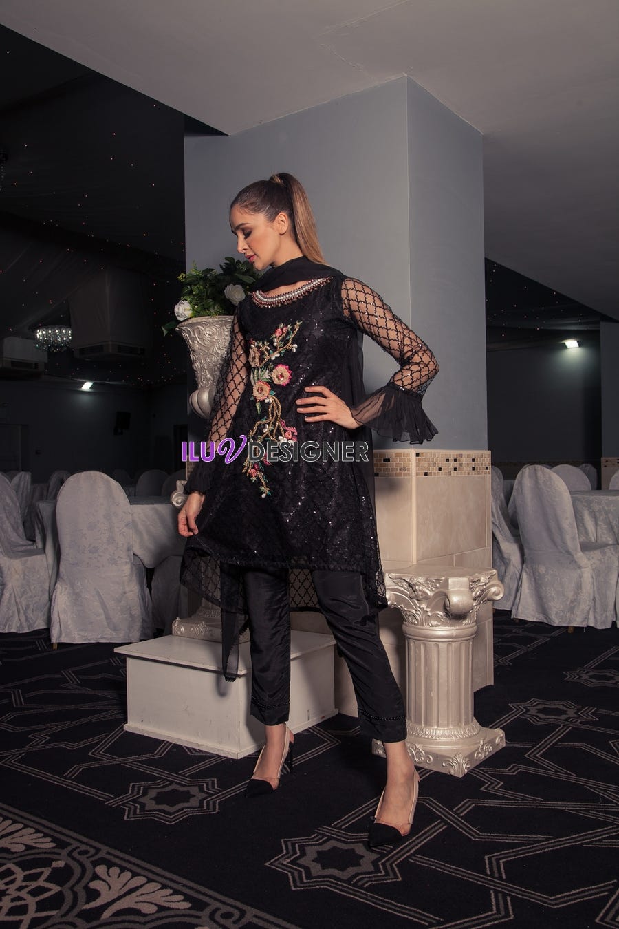 3 Piece ready to wear Embroidered Dress with 3D flowers by Sakeena Hasan