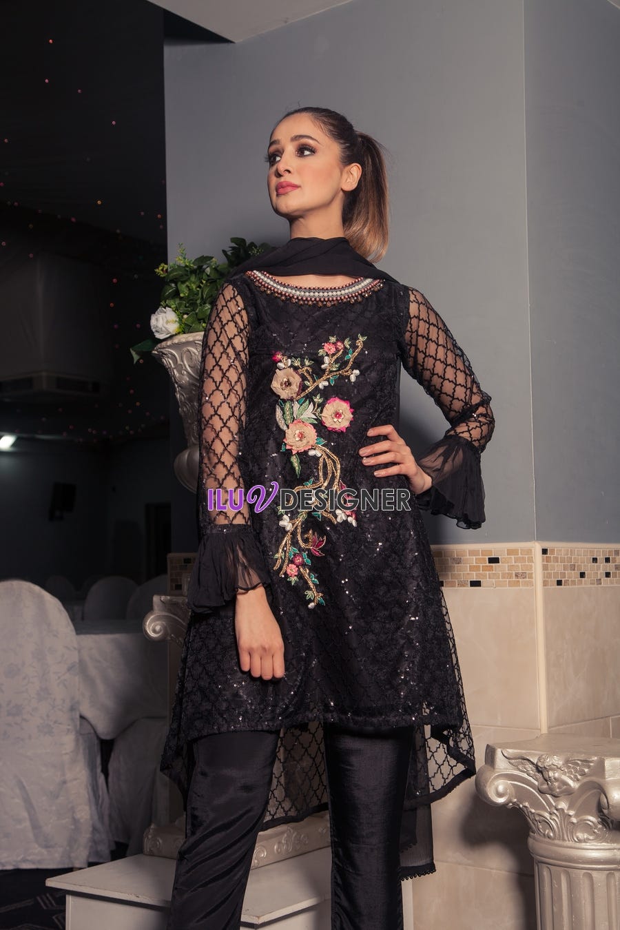 3 Piece ready to wear Embroidered Dress with 3D flowers by Sakeena Hasan
