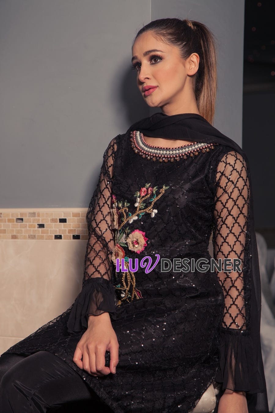 3 Piece ready to wear Embroidered Dress with 3D flowers by Sakeena Hasan