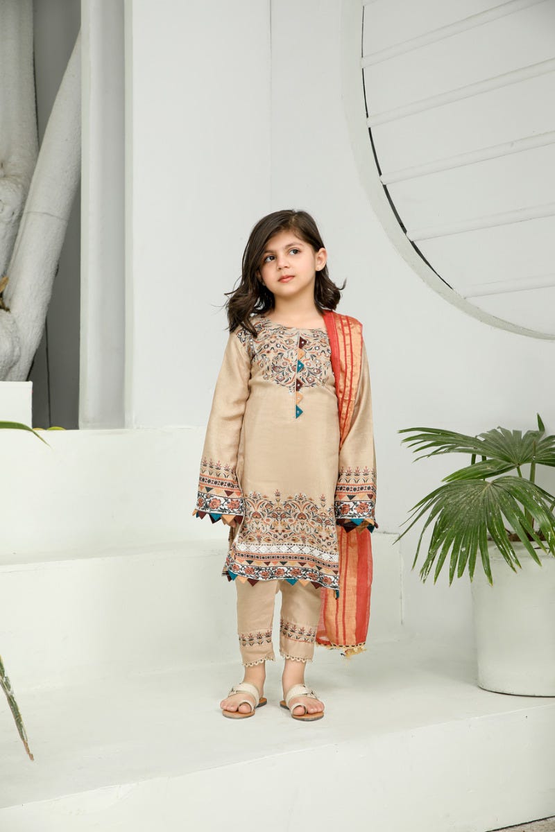 3pc Kids Viscose Ready to Wear Embroidered Dress