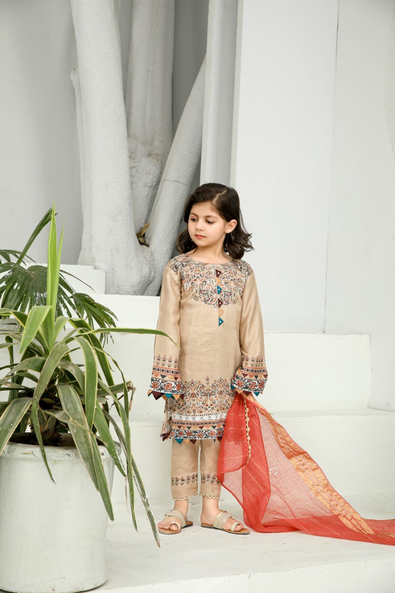 3pc Kids Viscose Ready to Wear Embroidered Dress