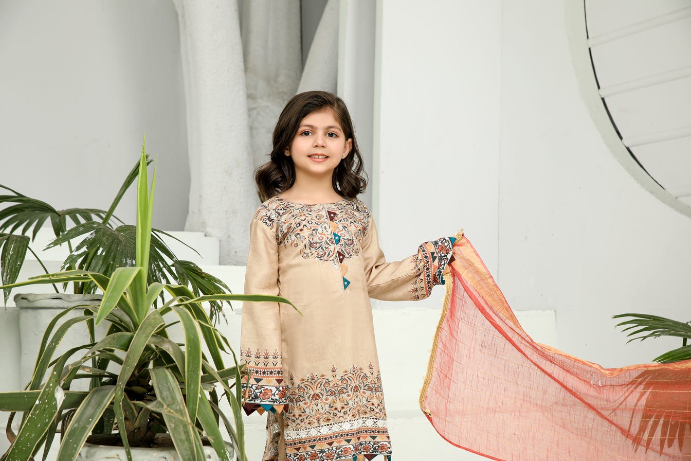 3pc Kids Viscose Ready to Wear Embroidered Dress