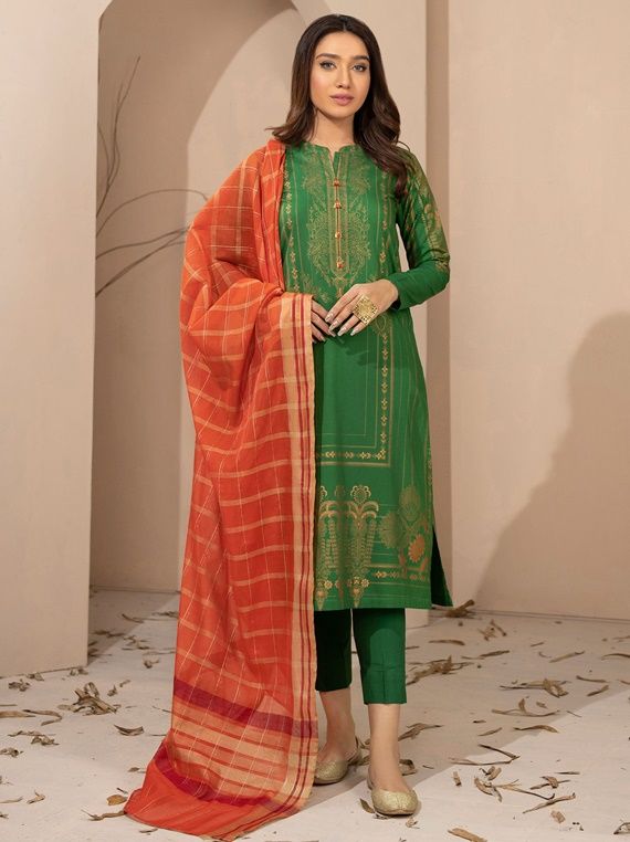 3pc Cotton Winter Dress u2585-Green 3pc Cotton Winter Dress u2585-Green
