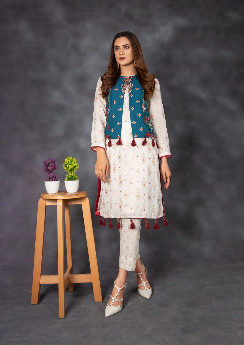 Ready to Wear Jacquard Embroidered Waist Coat 2 Pcs Dress by Zaiwa 06