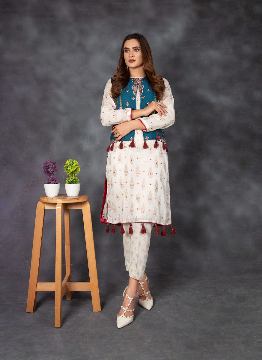 Ready to Wear Jacquard Embroidered Waist Coat 2 Pcs Dress by Zaiwa 06