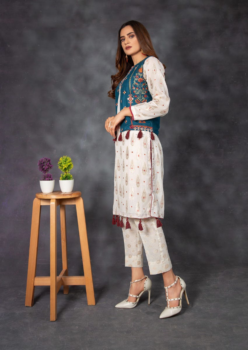 Ready to Wear Jacquard Embroidered Waist Coat 2 Pcs Dress by Zaiwa 06