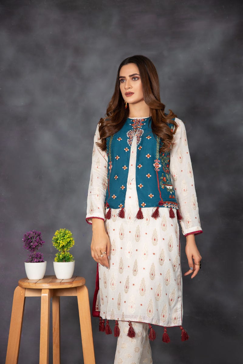 Ready to Wear Jacquard Embroidered Waist Coat 2 Pcs Dress by Zaiwa 06
