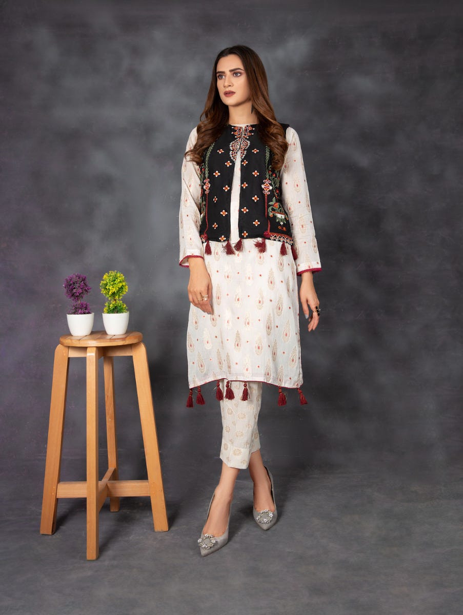 Ready to Wear Jacquard Embroidered Waist Coat Pcs Dress by Zaiwa 07