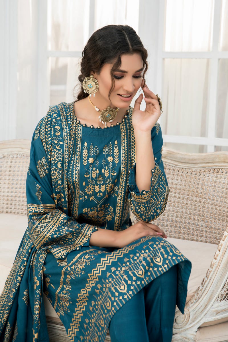 3 Pcs Ready To Wear Linen Screen Printed Dress by Zaiwa 09