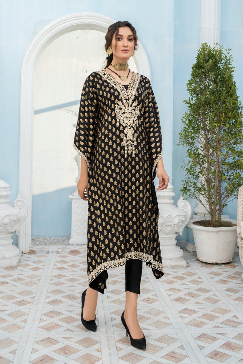 2 Pcs Ready To Wear Linen Embroidered Kaftan by Zaiwa 06