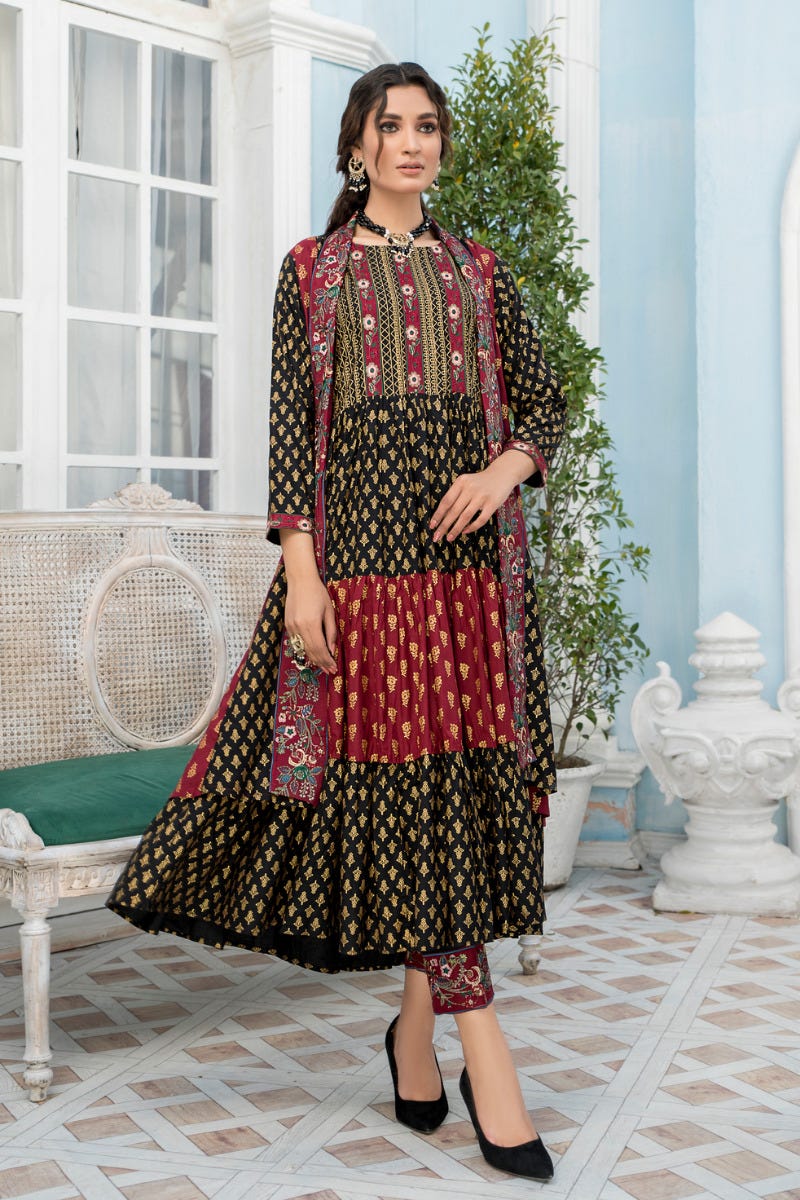 3 Pcs Ready To Wear Linen Embroidered Gown Dress by Zaiwa 04