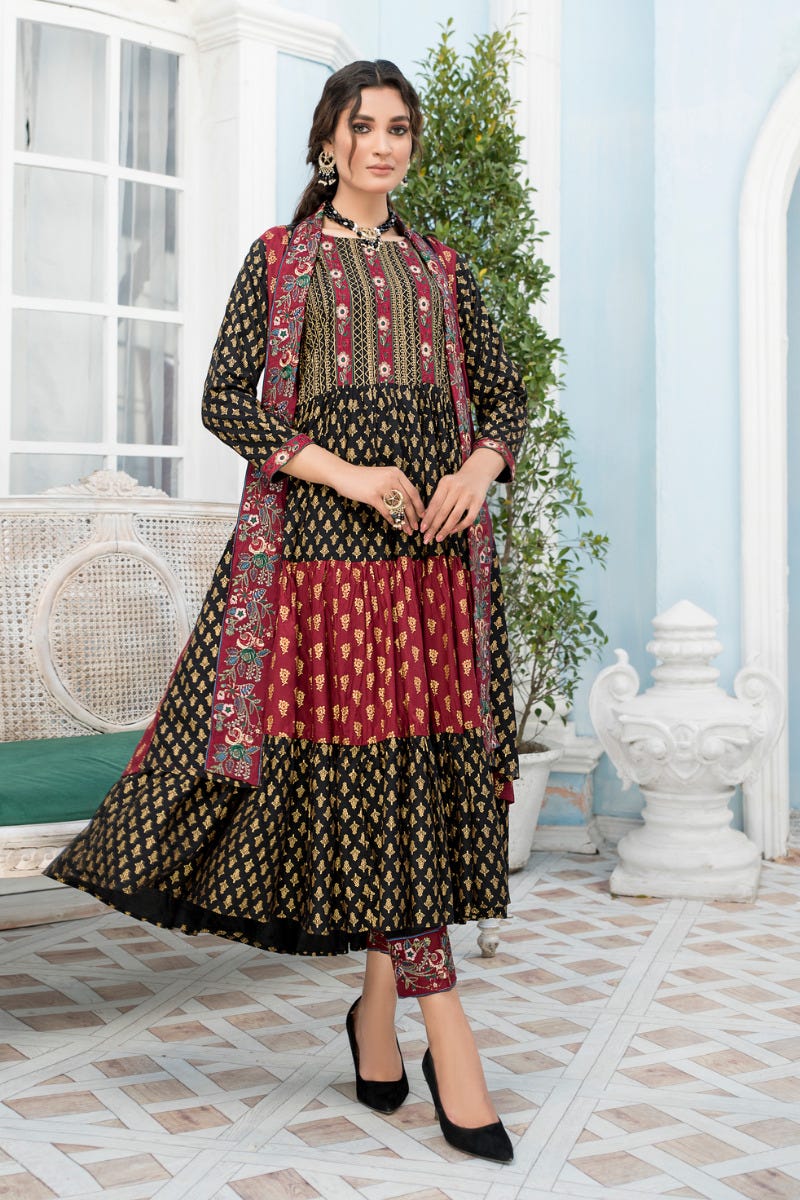 3 Pcs Ready To Wear Linen Embroidered Gown Dress by Zaiwa 04