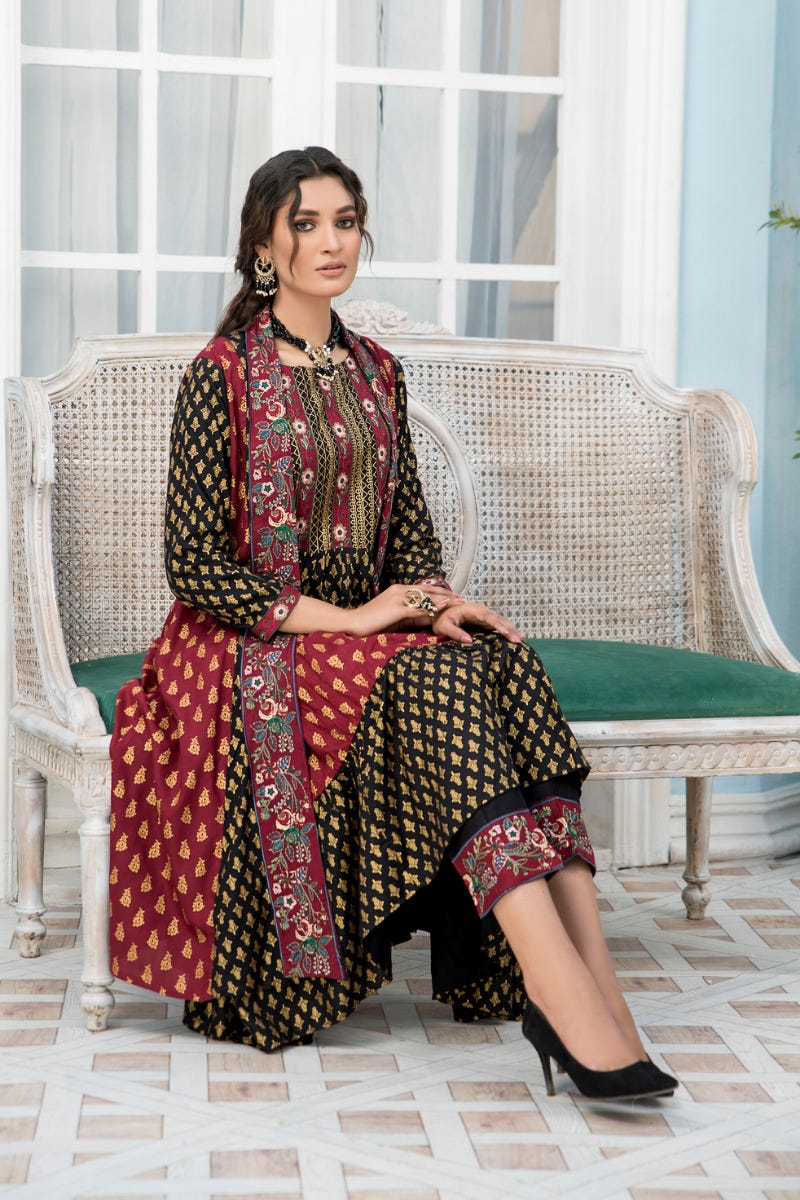 3 Pcs Ready To Wear Linen Embroidered Gown Dress by Zaiwa 04