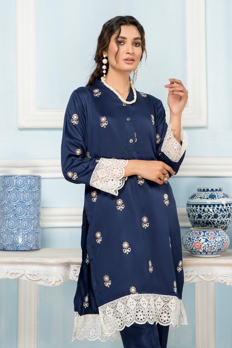 2 Pcs Ready To Wear Corduroy Embroidered Dress by Zaiwa 12