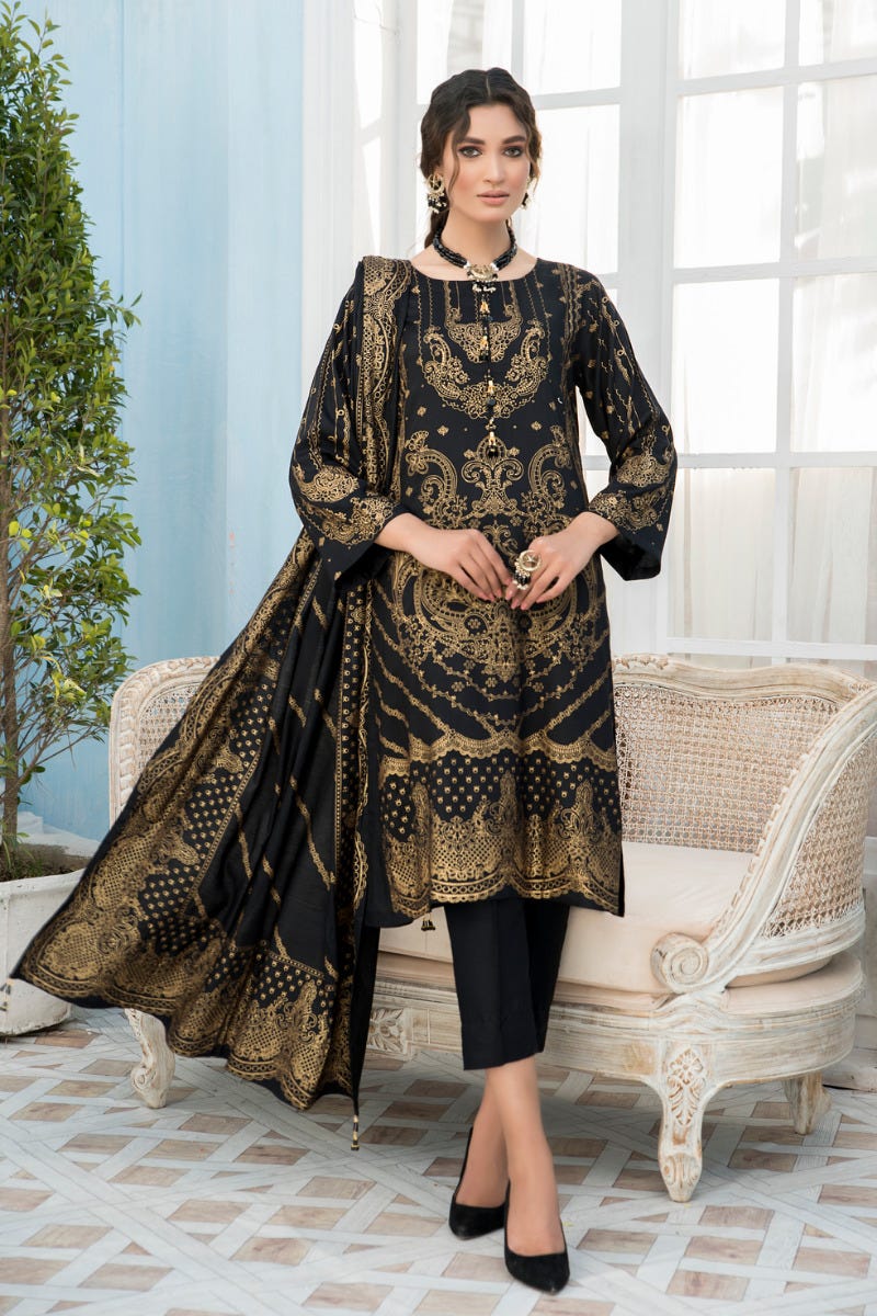 3 Pcs Ready To Wear Linen Screen Printed Dress by Zaiwa 10