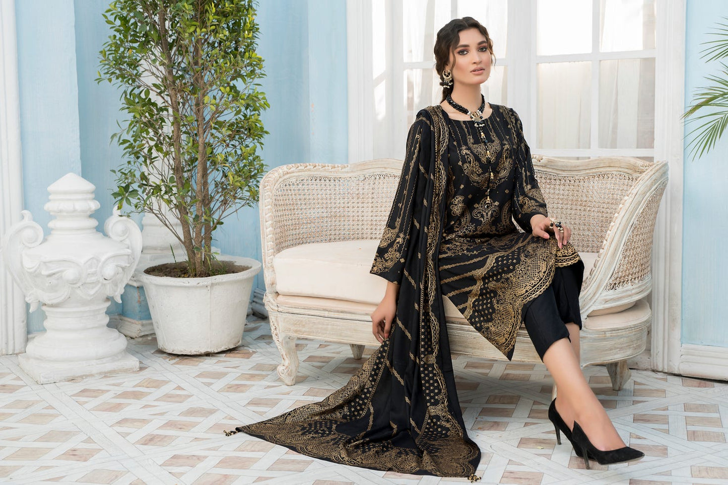 3 Pcs Ready To Wear Linen Screen Printed Dress by Zaiwa 10