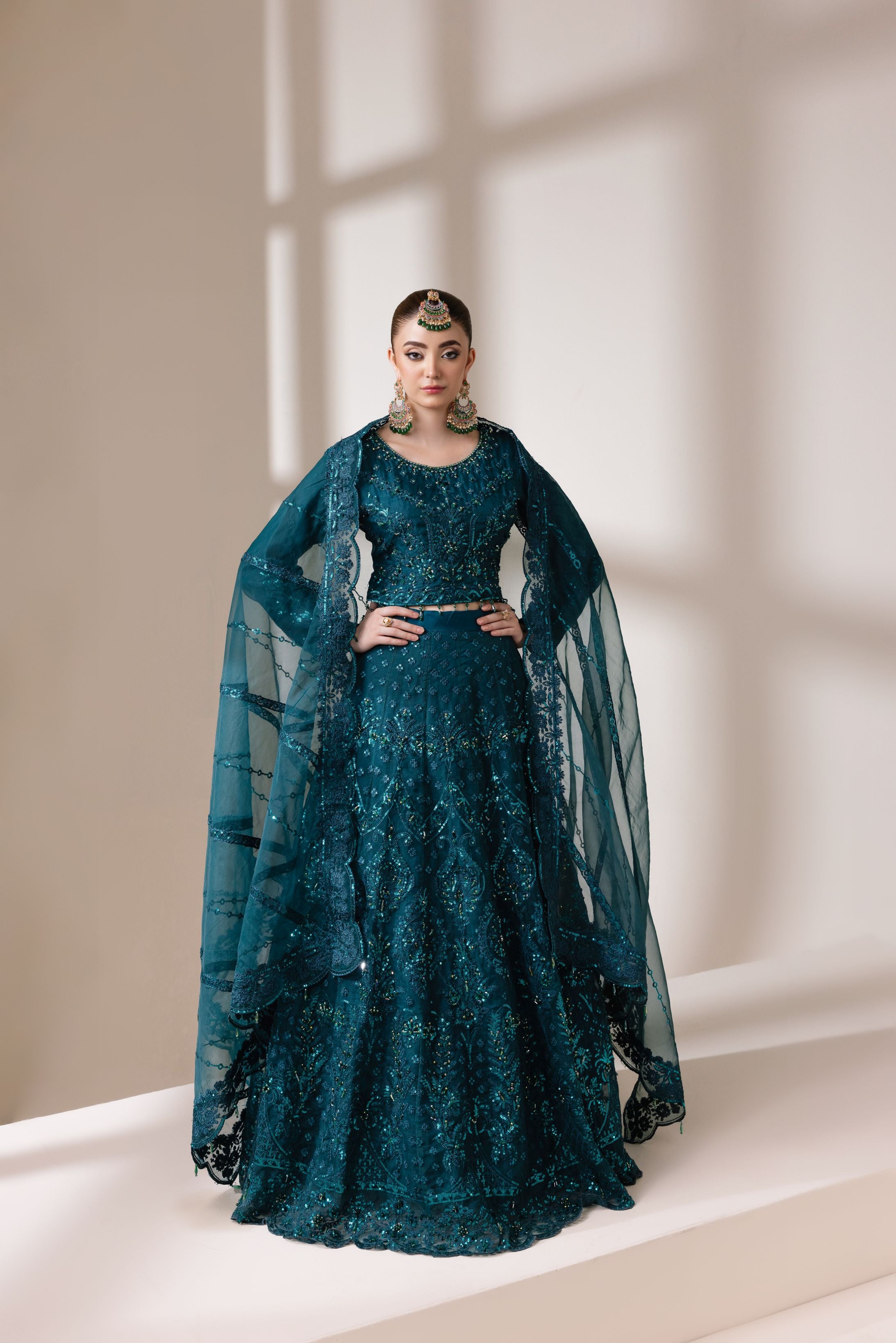 Teal Organza Embellished Choli & Lehnga Set with Dupatta | Rasm by Mona – MKR5