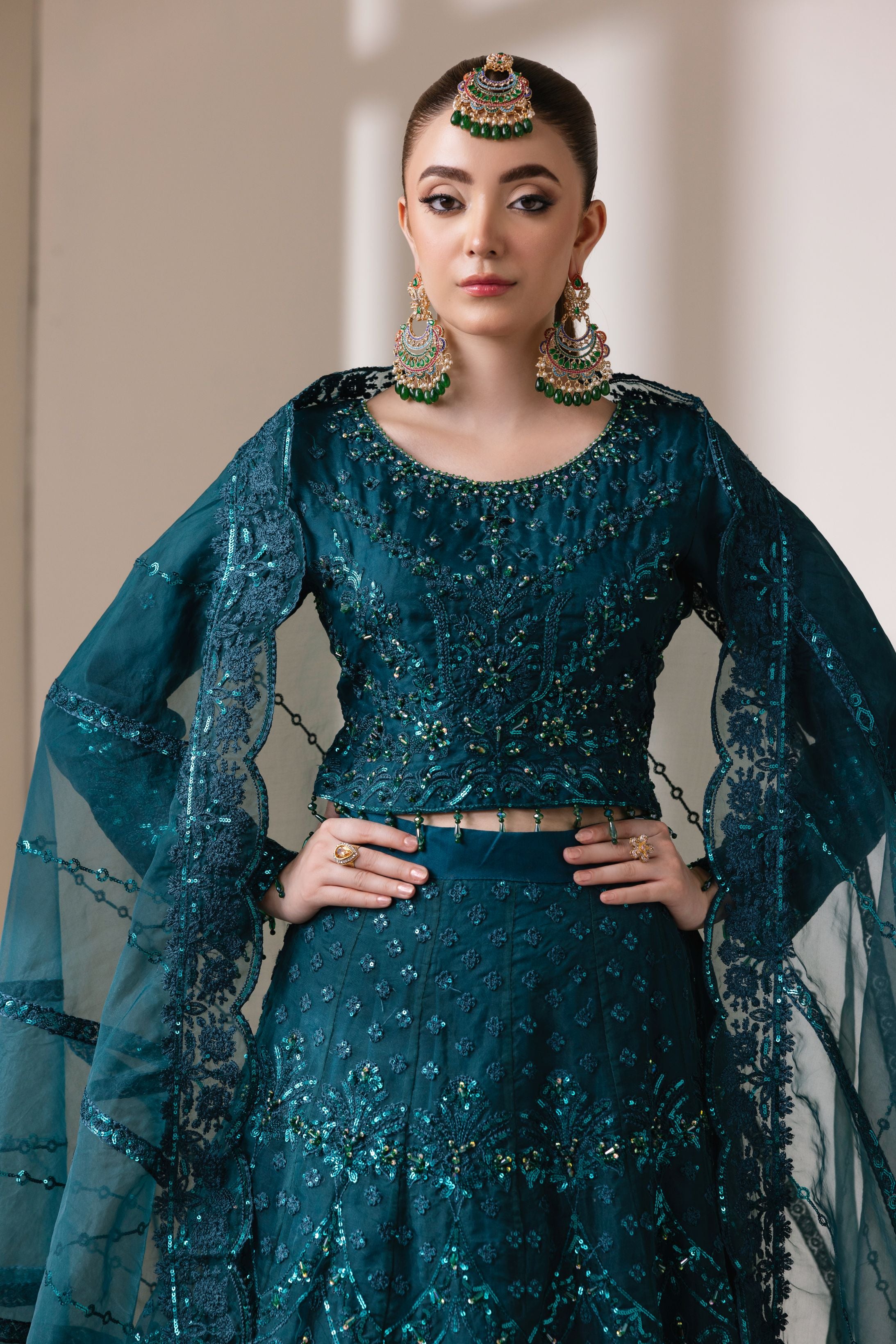 Teal Organza Embellished Choli & Lehnga Set with Dupatta | Rasm by Mona – MKR5