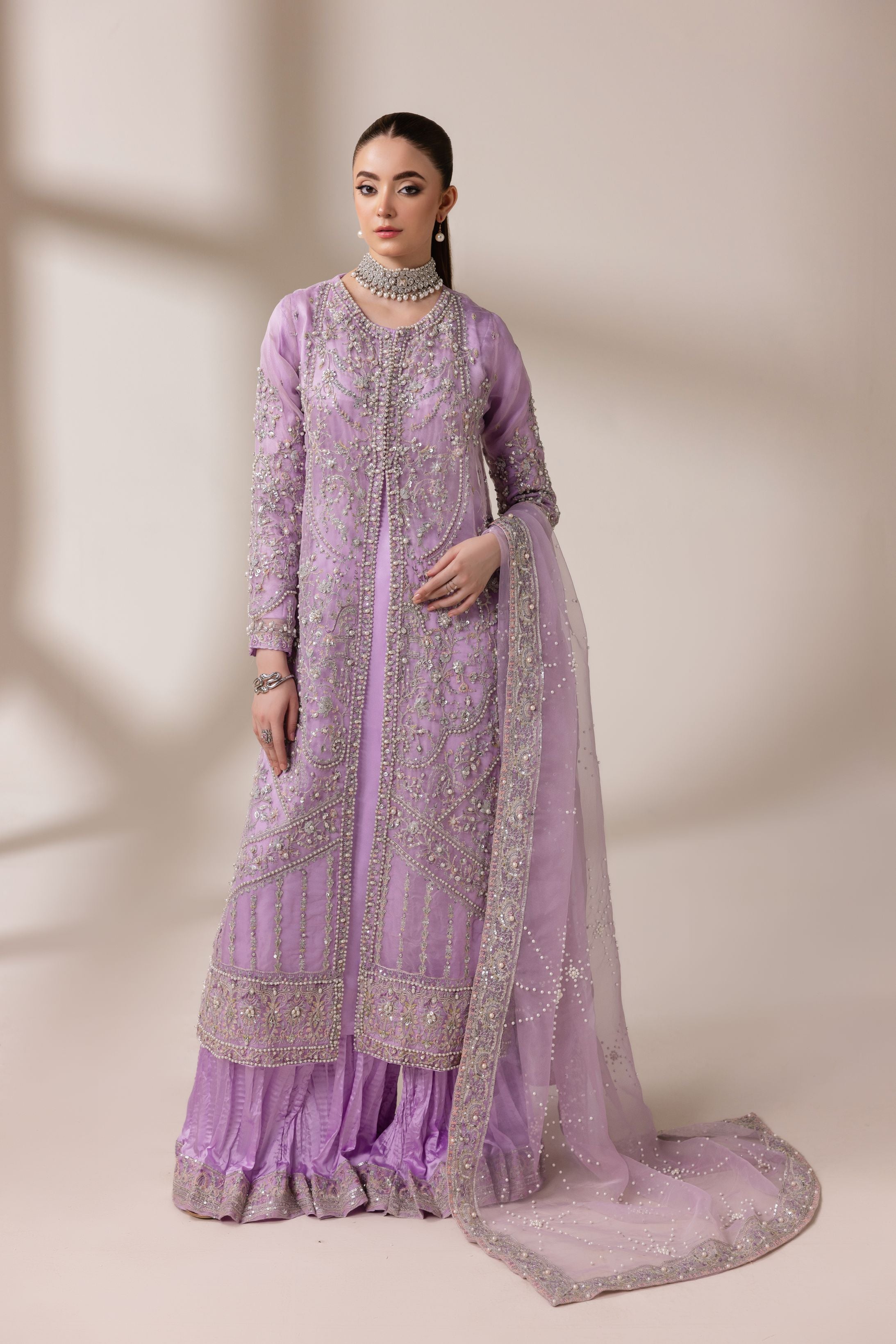 Lavender Embellished Organza Cape with Lehenga & Dupatta | Rasm by Mona – MKR6