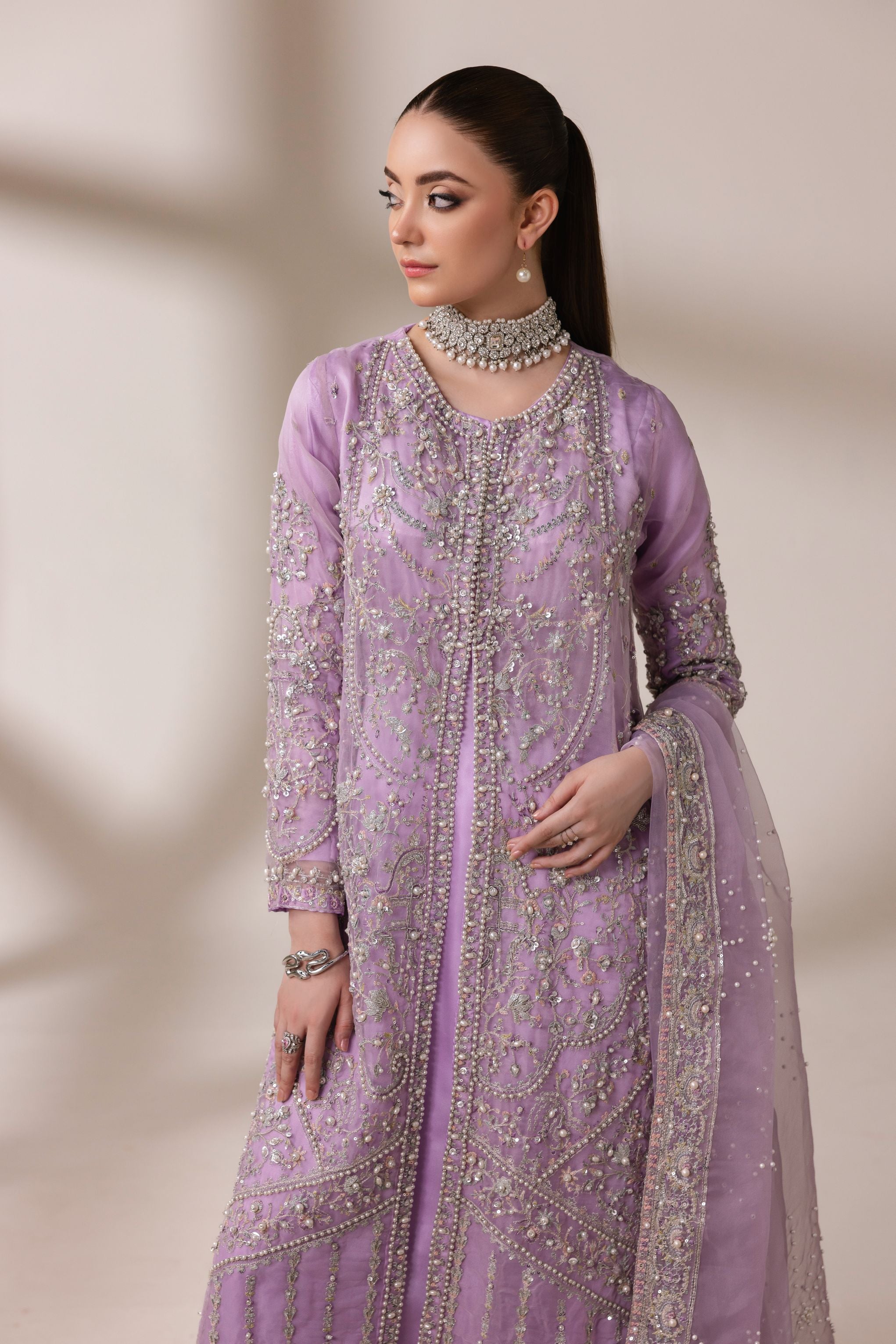 Lavender Embellished Organza Cape with Lehenga & Dupatta | Rasm by Mona – MKR6