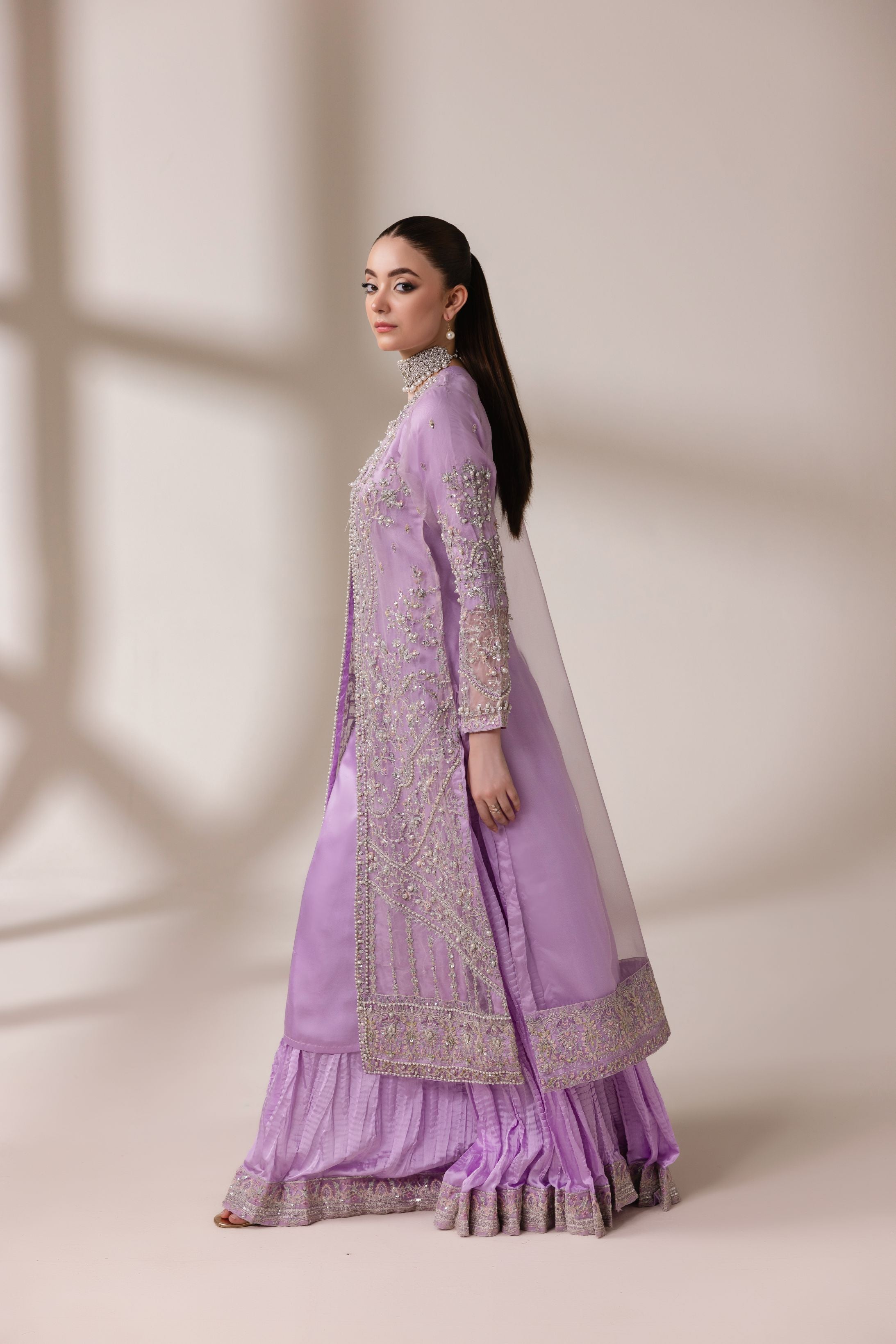 Lavender Embellished Organza Cape with Lehenga & Dupatta | Rasm by Mona – MKR6