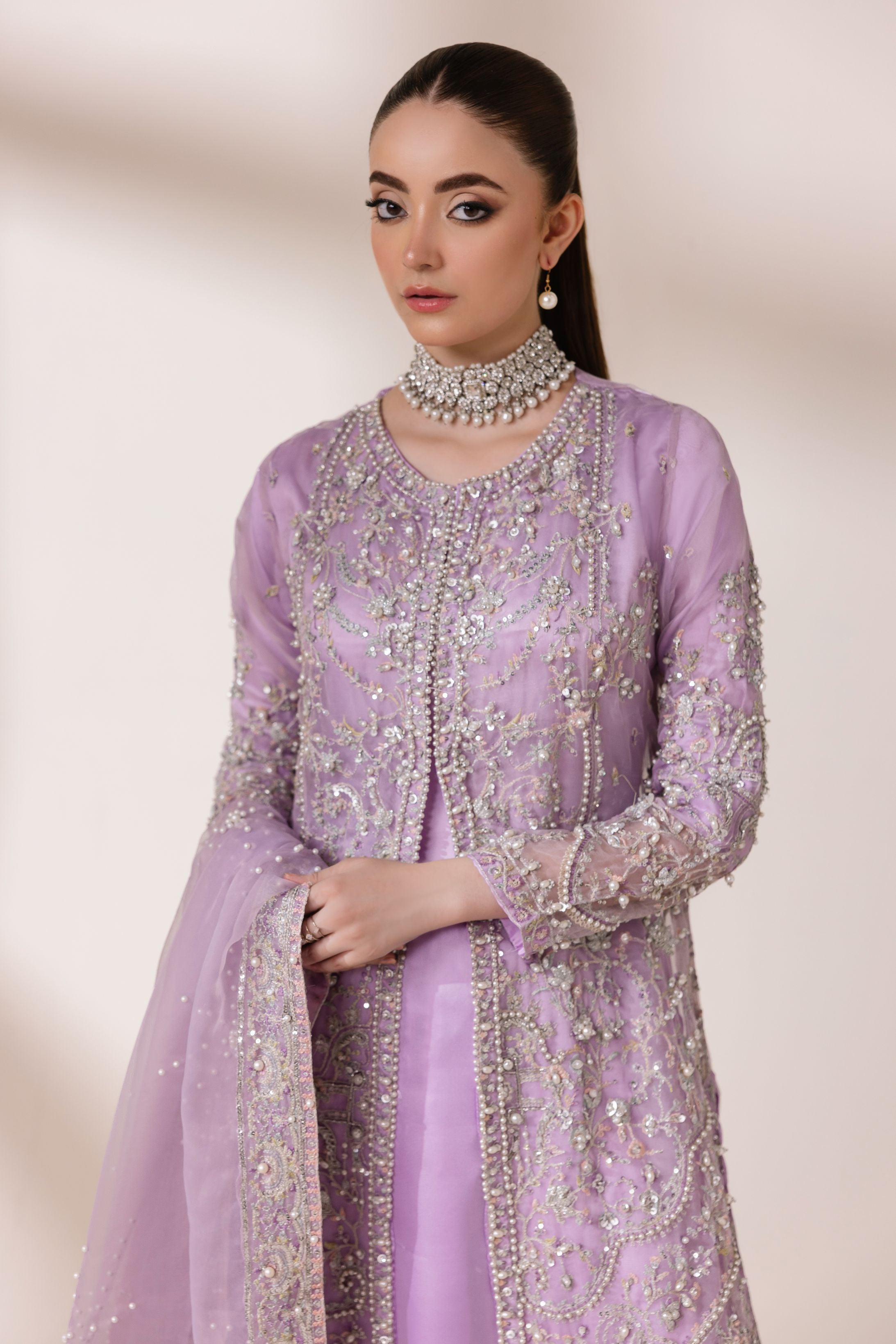 Lavender Embellished Organza Cape with Lehenga & Dupatta | Rasm by Mona – MKR6