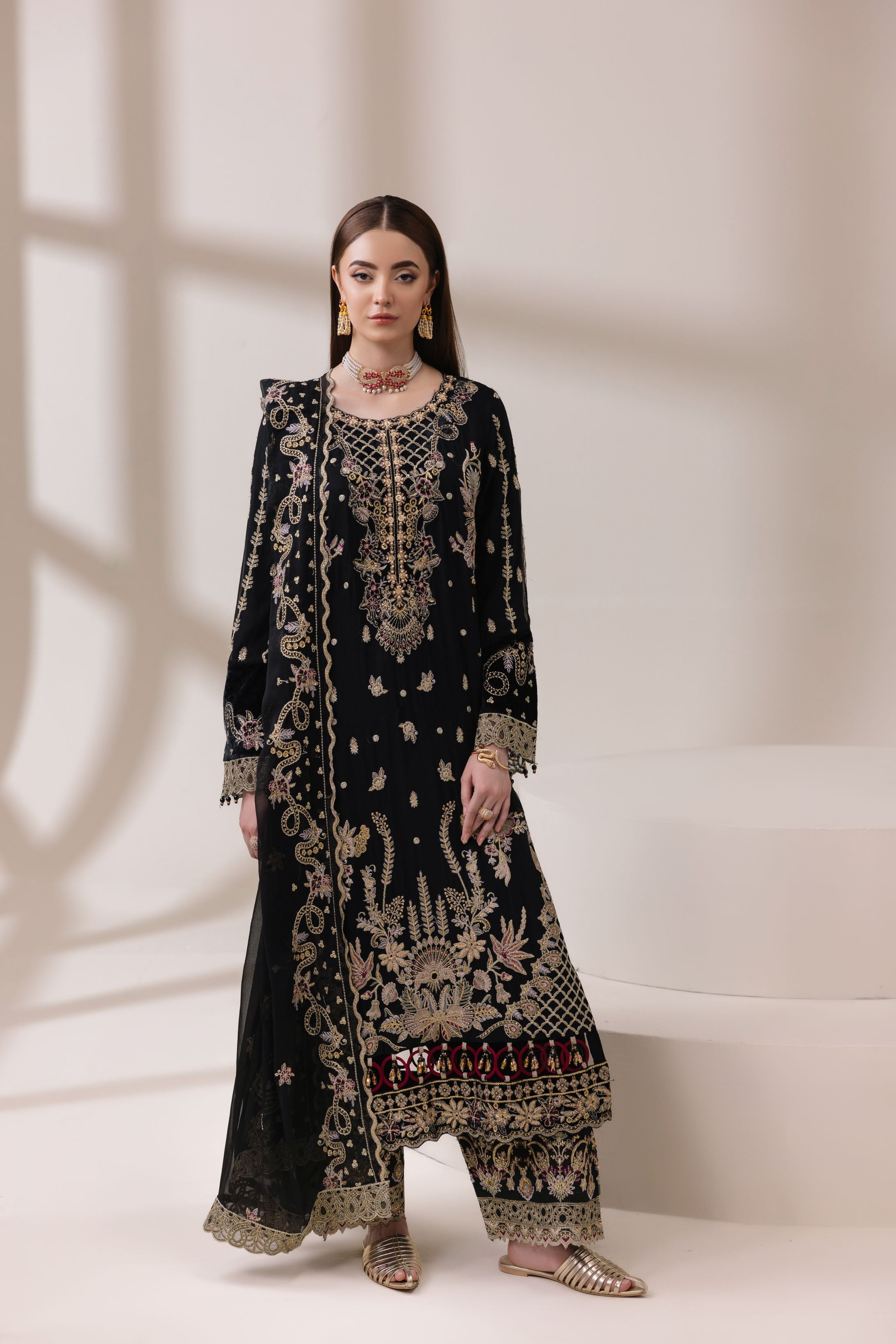 Black Chiffon Embroidered Shirt with Viscose Trousers & Dupatta | Rasm by Mona – MKR7