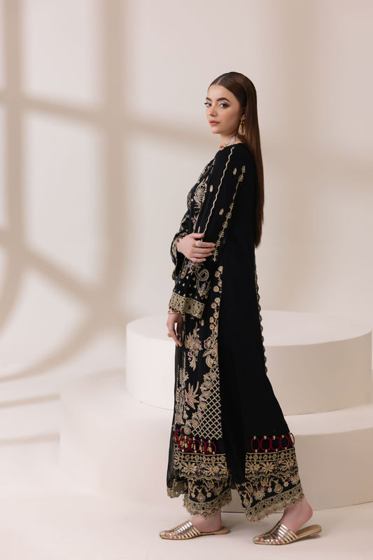 Black Chiffon Embroidered Shirt with Viscose Trousers & Dupatta | Rasm by Mona – MKR7