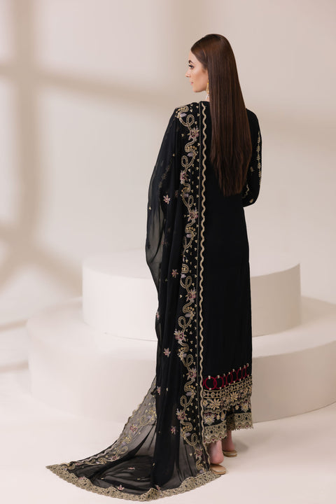 Black Chiffon Embroidered Shirt with Viscose Trousers & Dupatta | Rasm by Mona – MKR7