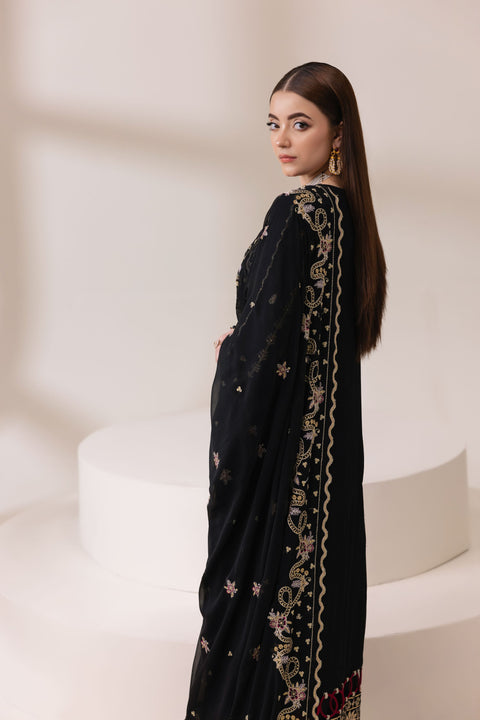 Black Chiffon Embroidered Shirt with Viscose Trousers & Dupatta | Rasm by Mona – MKR7