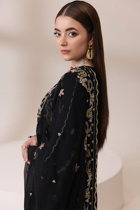 Black Chiffon Embroidered Shirt with Viscose Trousers & Dupatta | Rasm by Mona – MKR7