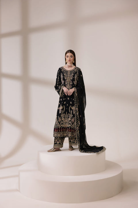 Black Chiffon Embroidered Shirt with Viscose Trousers & Dupatta | Rasm by Mona – MKR7