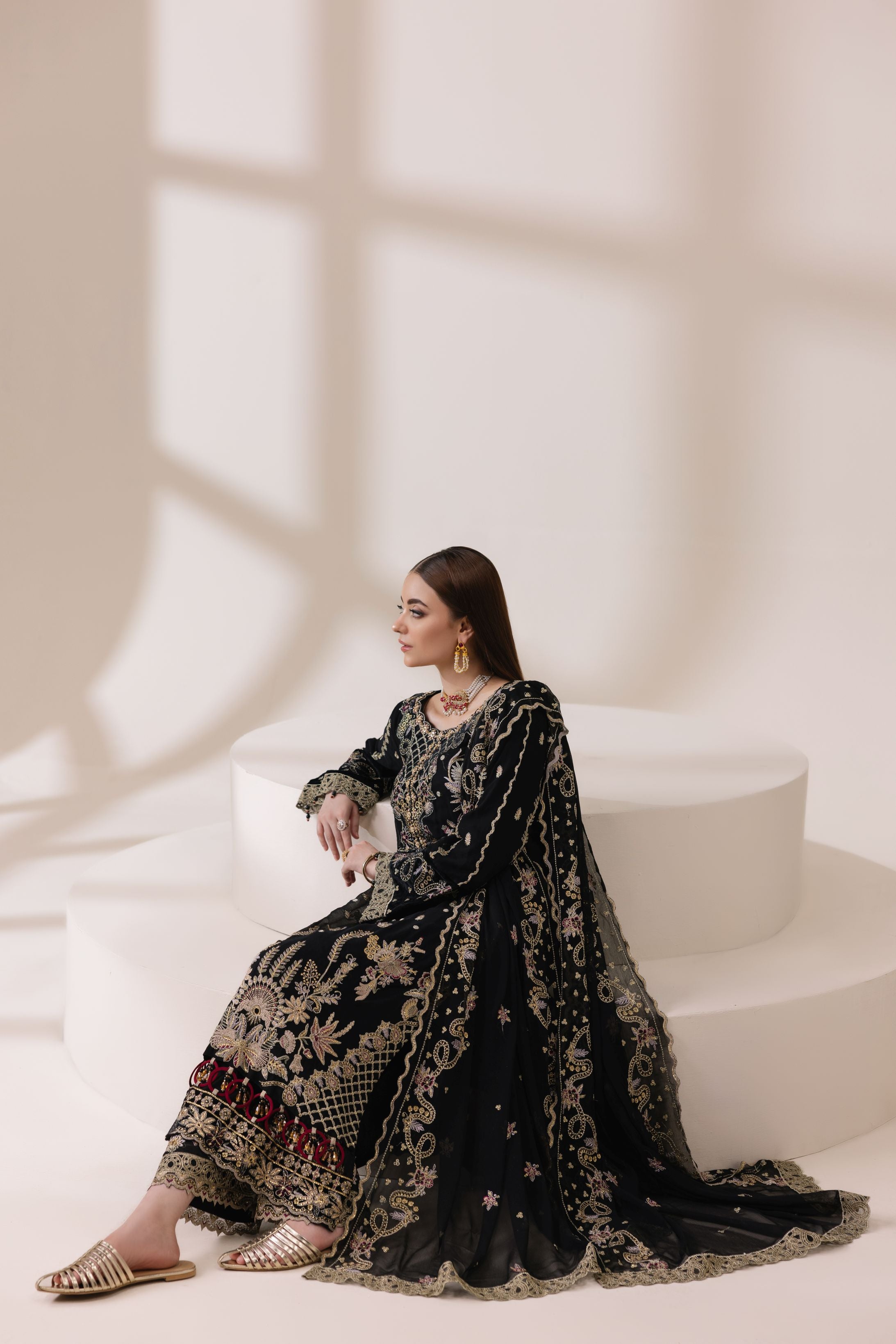 Black Chiffon Embroidered Shirt with Viscose Trousers & Dupatta | Rasm by Mona – MKR7