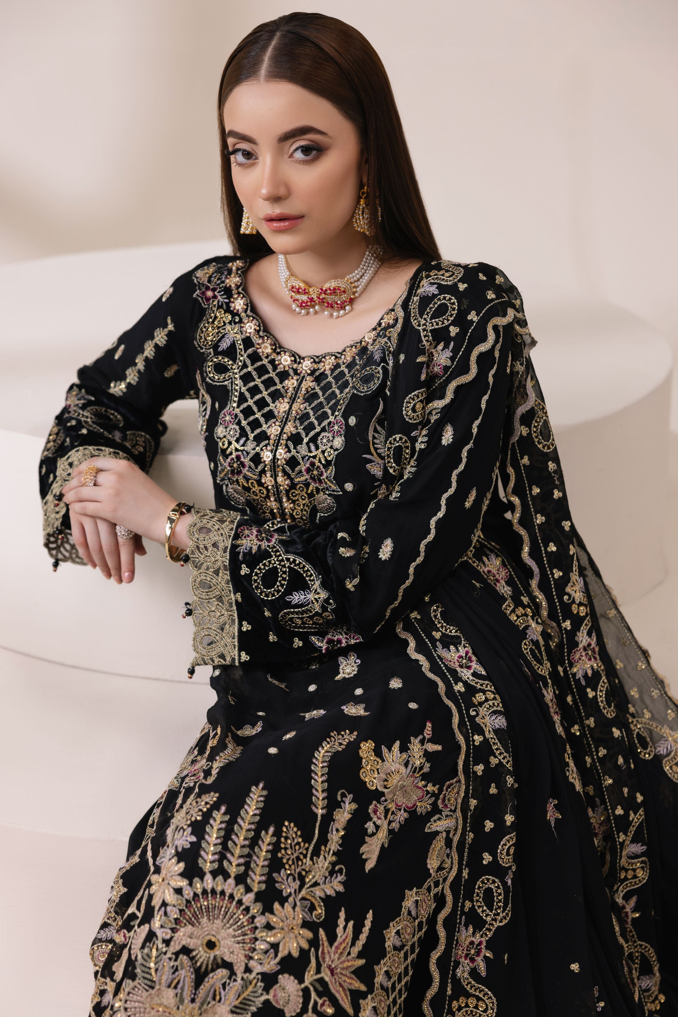 Black Chiffon Embroidered Shirt with Viscose Trousers & Dupatta | Rasm by Mona – MKR7