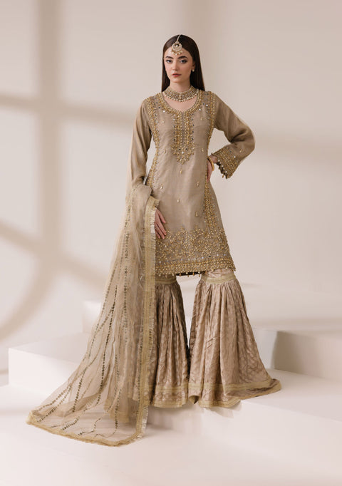 Champagne Masoori Net Embellished Shirt with Jamawar Ghararah & Dupatta | Rasm by Mona – MKR3