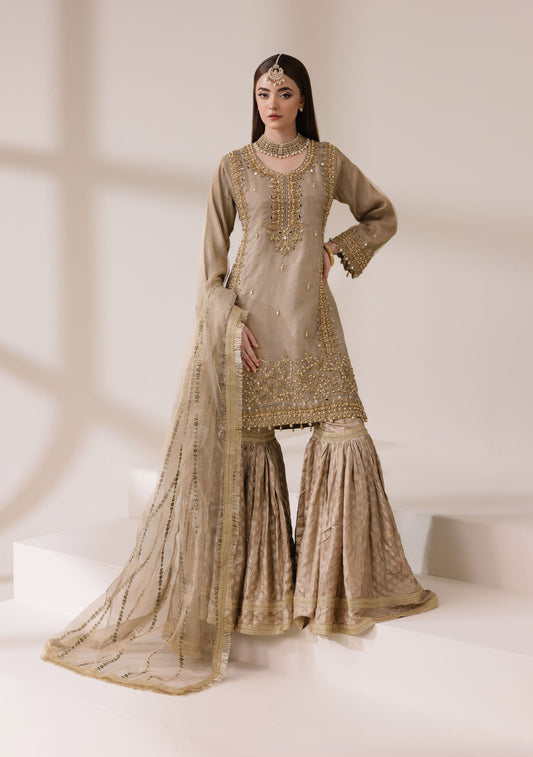 Champagne Masoori Net Embellished Shirt with Jamawar Ghararah & Dupatta | Rasm by Mona – MKR3