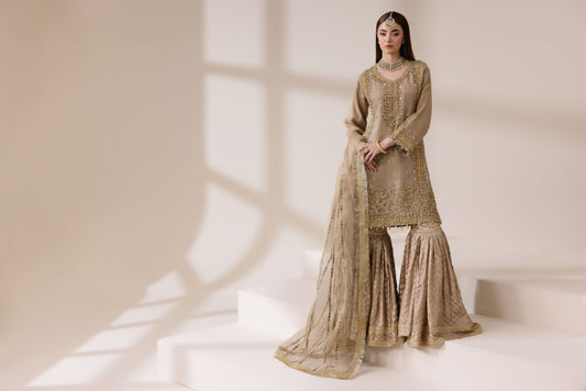 Champagne Masoori Net Embellished Shirt with Jamawar Ghararah & Dupatta | Rasm by Mona – MKR3