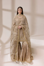 Champagne Masoori Net Embellished Shirt with Jamawar Ghararah & Dupatta | Rasm by Mona – MKR3
