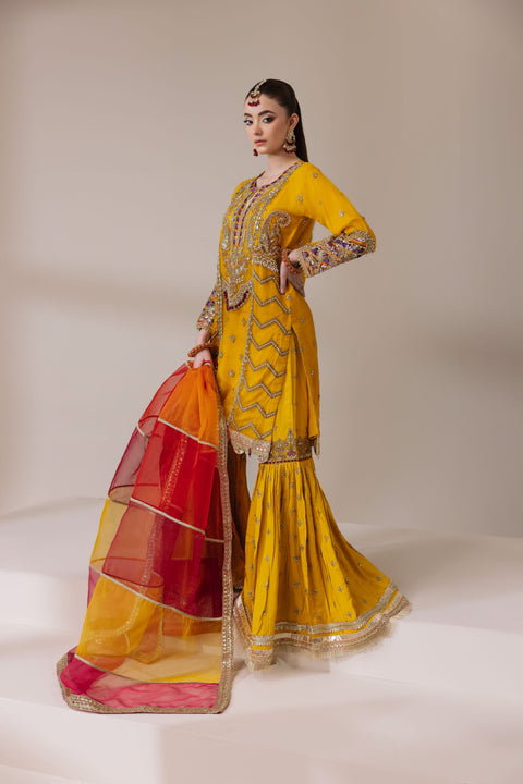 Mustard Yellow Embellished Organza Shirt with Ghararah & Dupatta | Rasm by Mona – MKR1