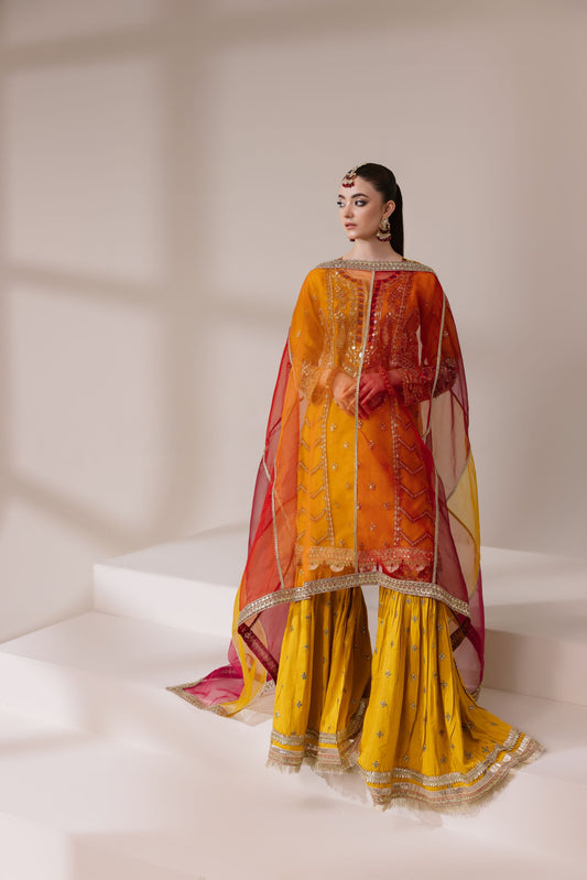 Mustard Yellow Embellished Organza Shirt with Ghararah & Dupatta | Rasm by Mona – MKR1