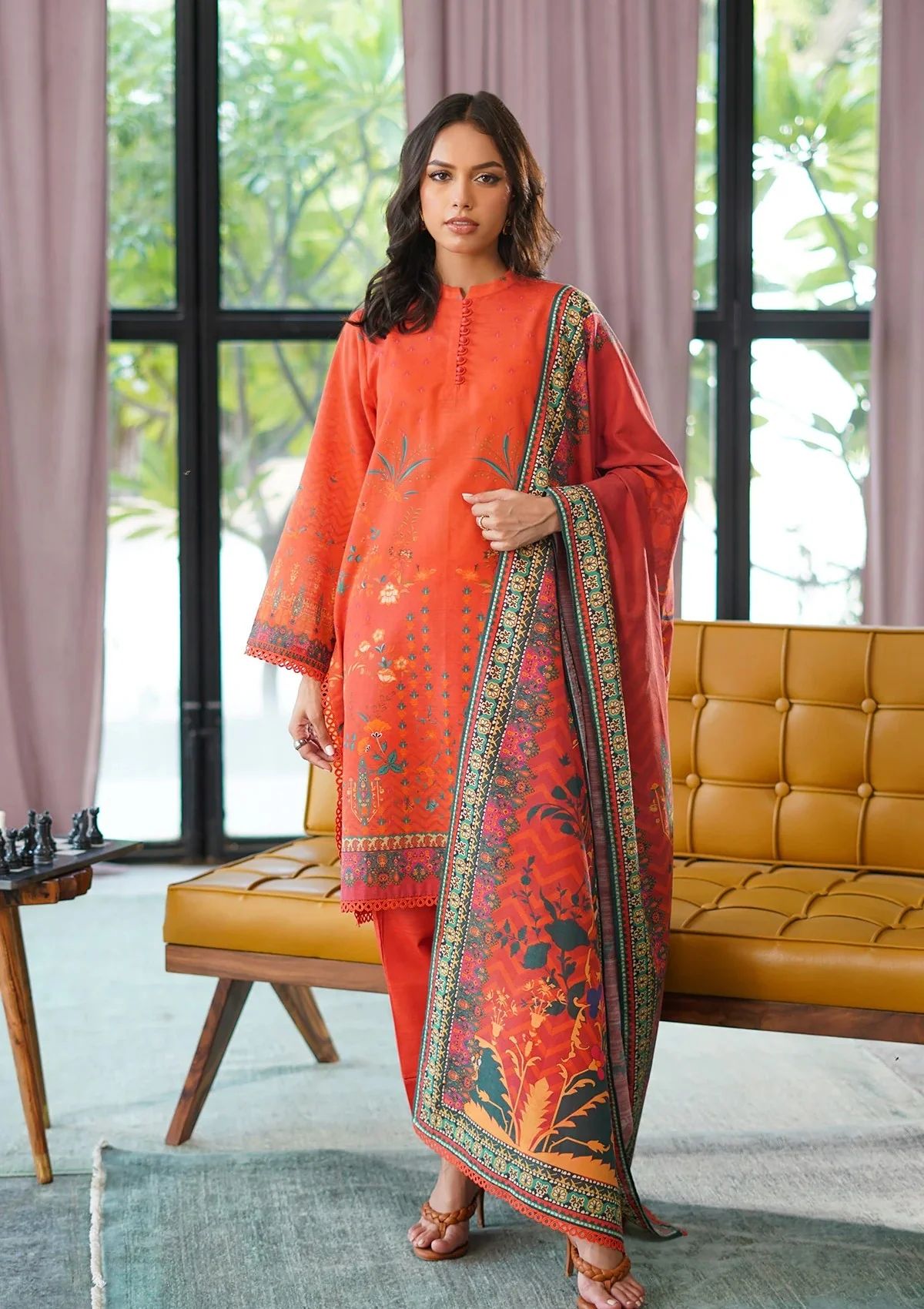 Winter Weaves by Sahar – 3pc Printed Khaddar Floral Suit with Lace Detailing WWS2