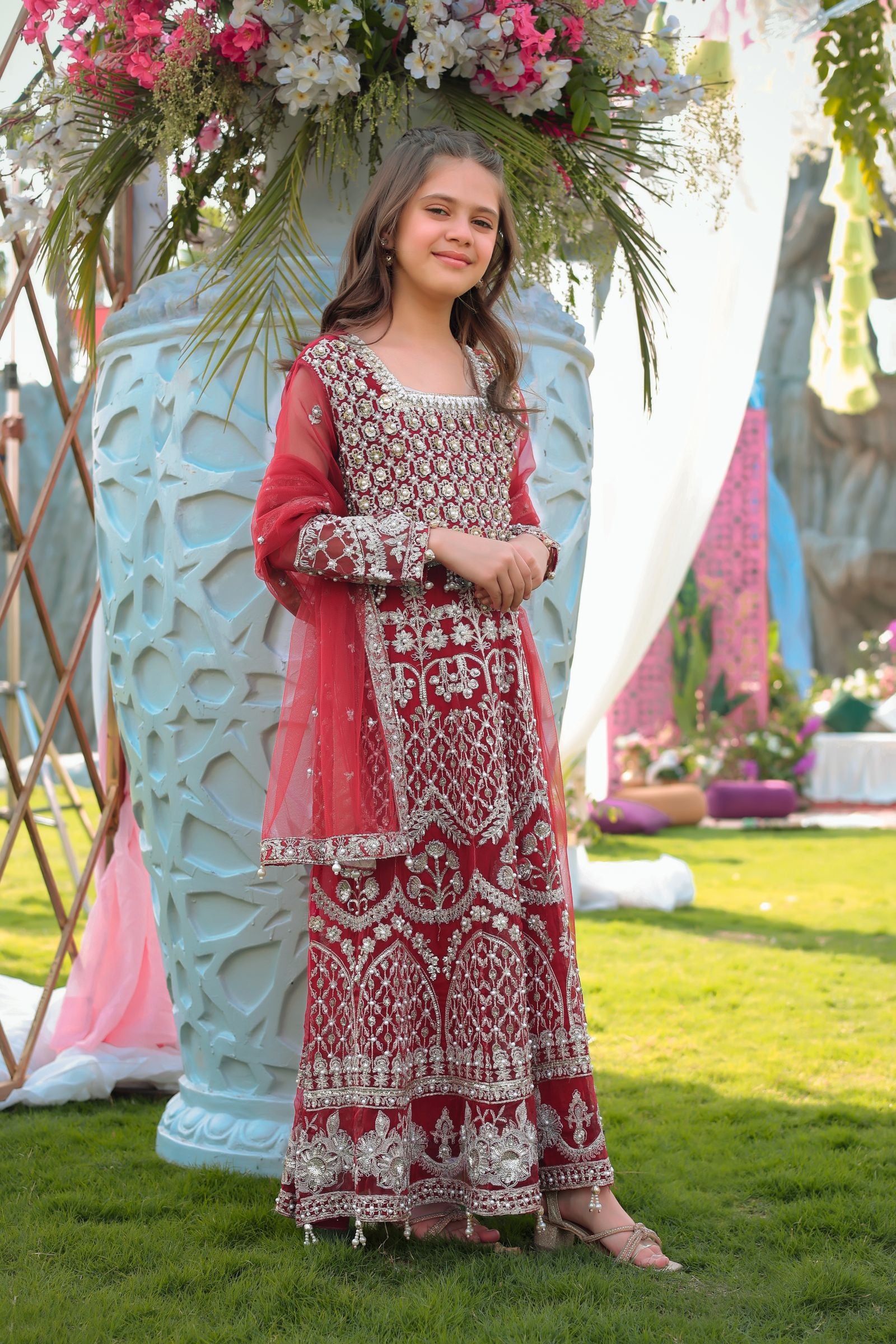 Maroon Maxi with Pearl Net Dupatta | Mother & Daughter Formal Wear by Aroosh TTAH2