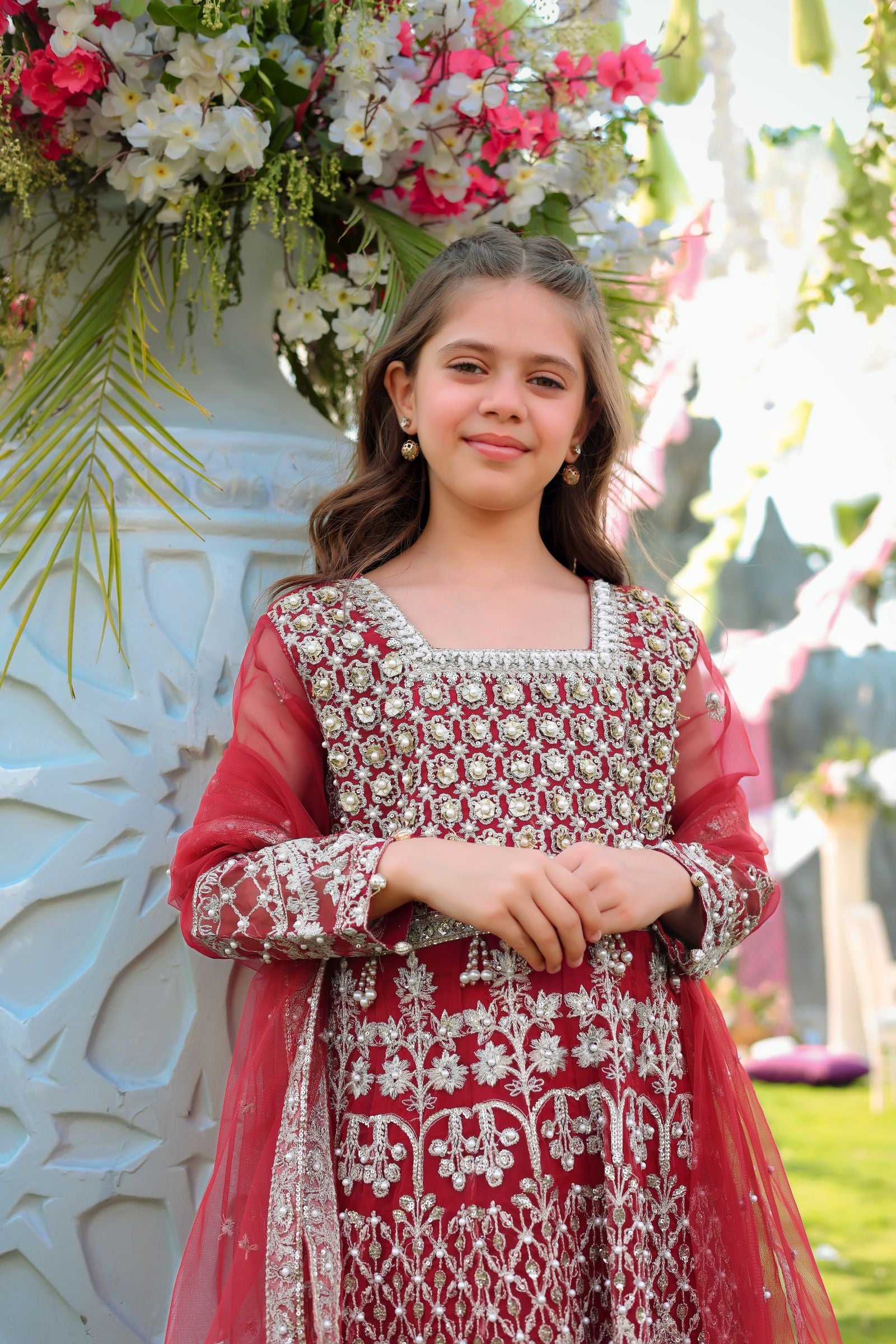 Maroon Maxi with Pearl Net Dupatta | Mother & Daughter Formal Wear by Aroosh TTAH2